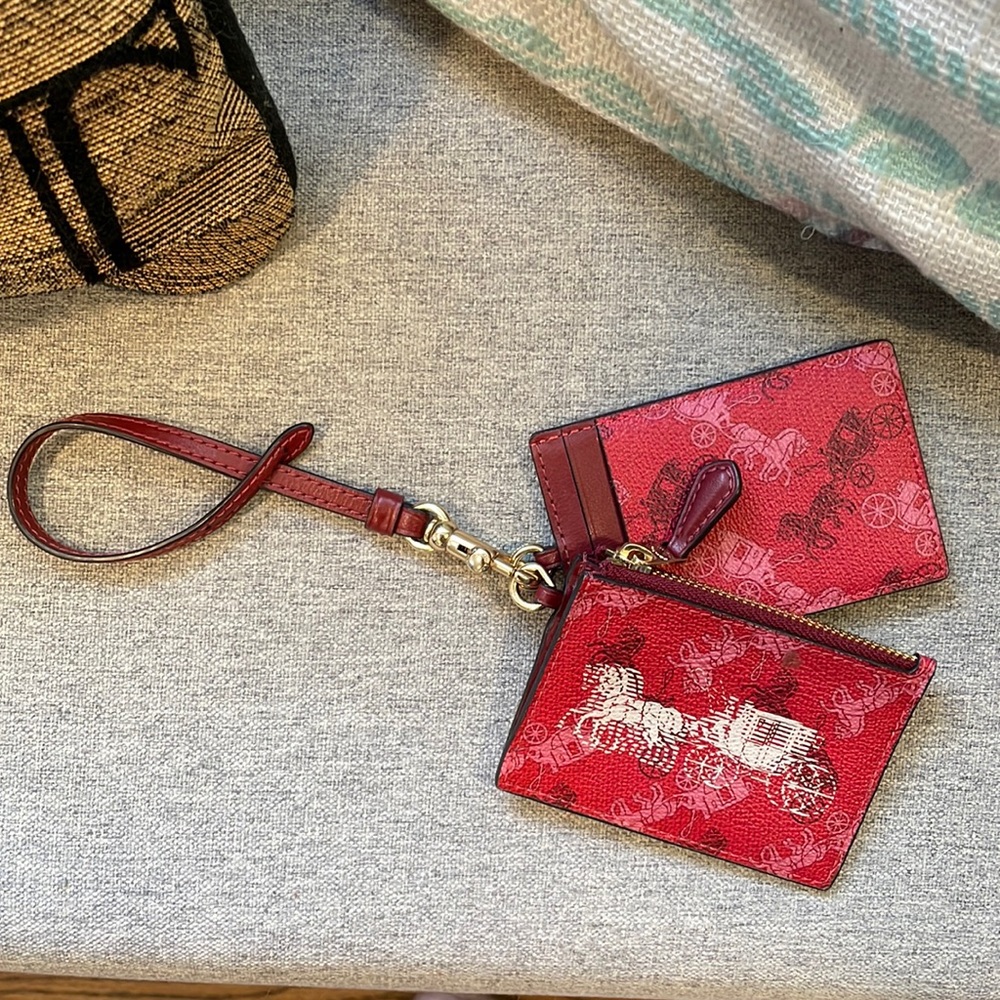 Coach red pebbled leather card holder and coin purse